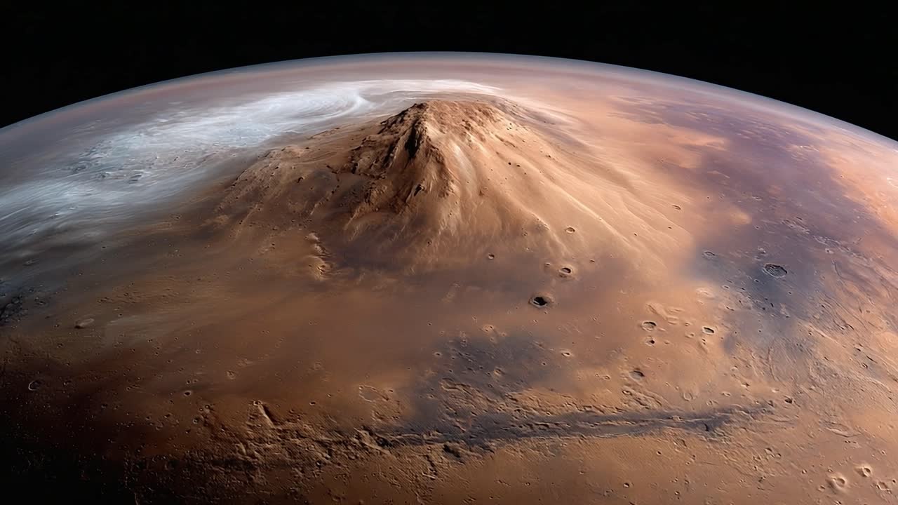Stunning Close-Up of Martian Landscape Showcasing a Volcano's Peak Surrounded by Dramatic Shadows and Textures on the Planet's Surface