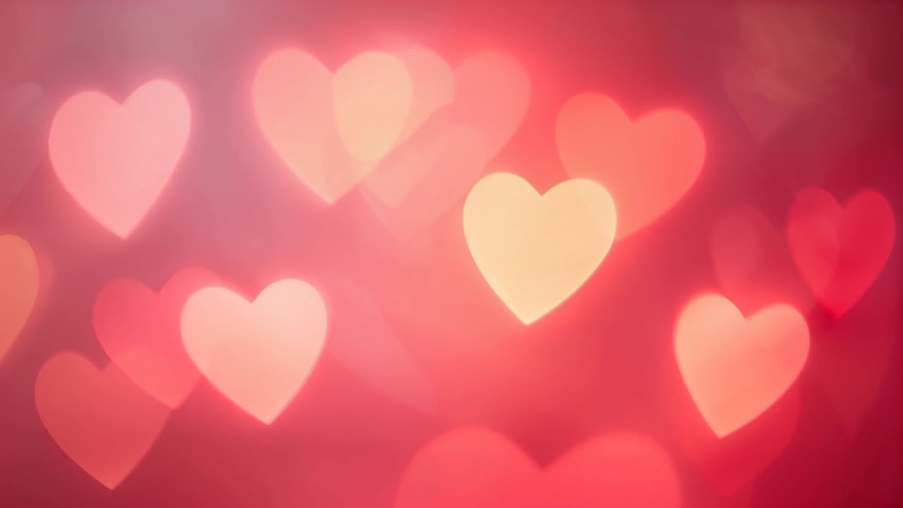 Sequenza iniziale con effetto bokeh a forma di cuore che pulsa e fluttua su un gradiente caldo in studio, evocando romanticismo
