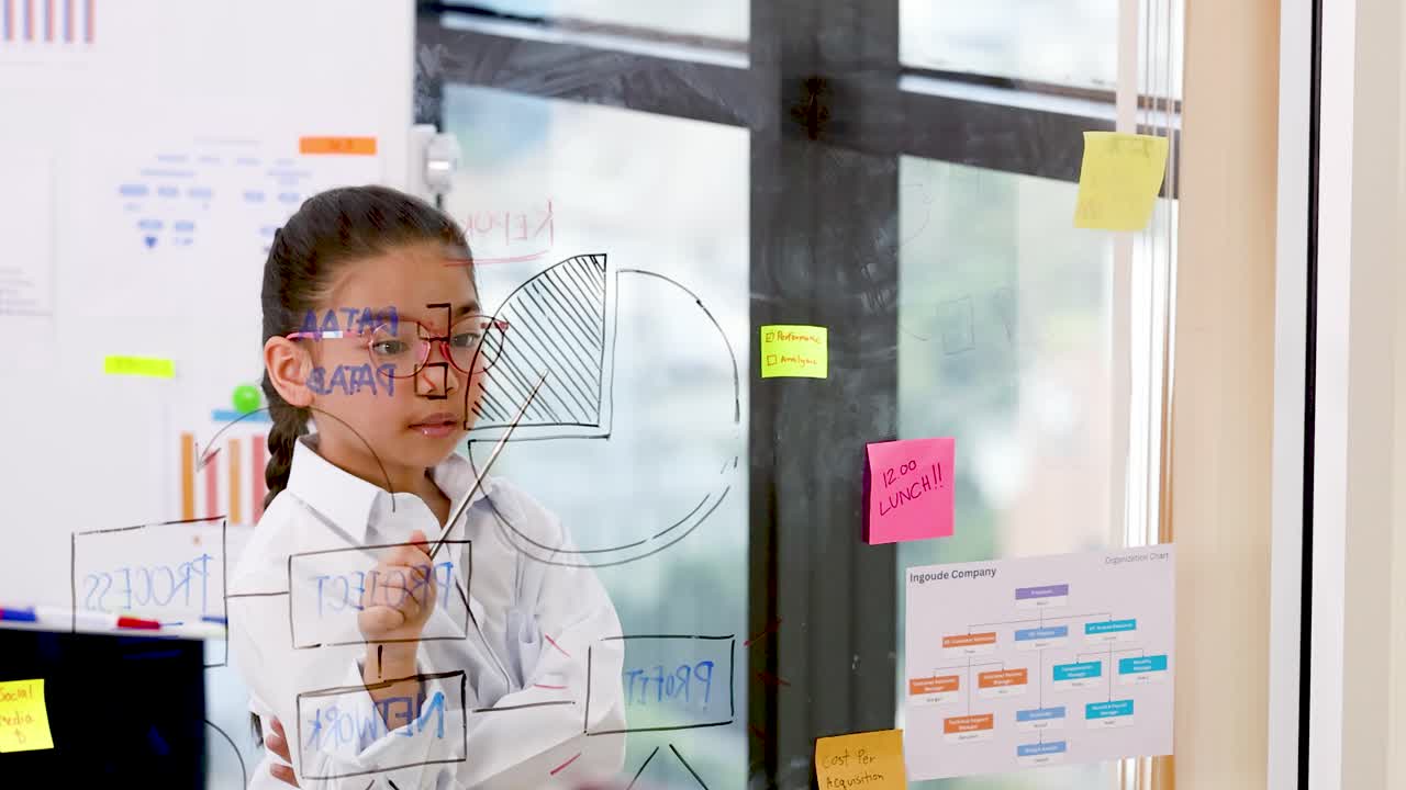 A young girl wearing glasses analyzes charts on a glass wall in a bright office