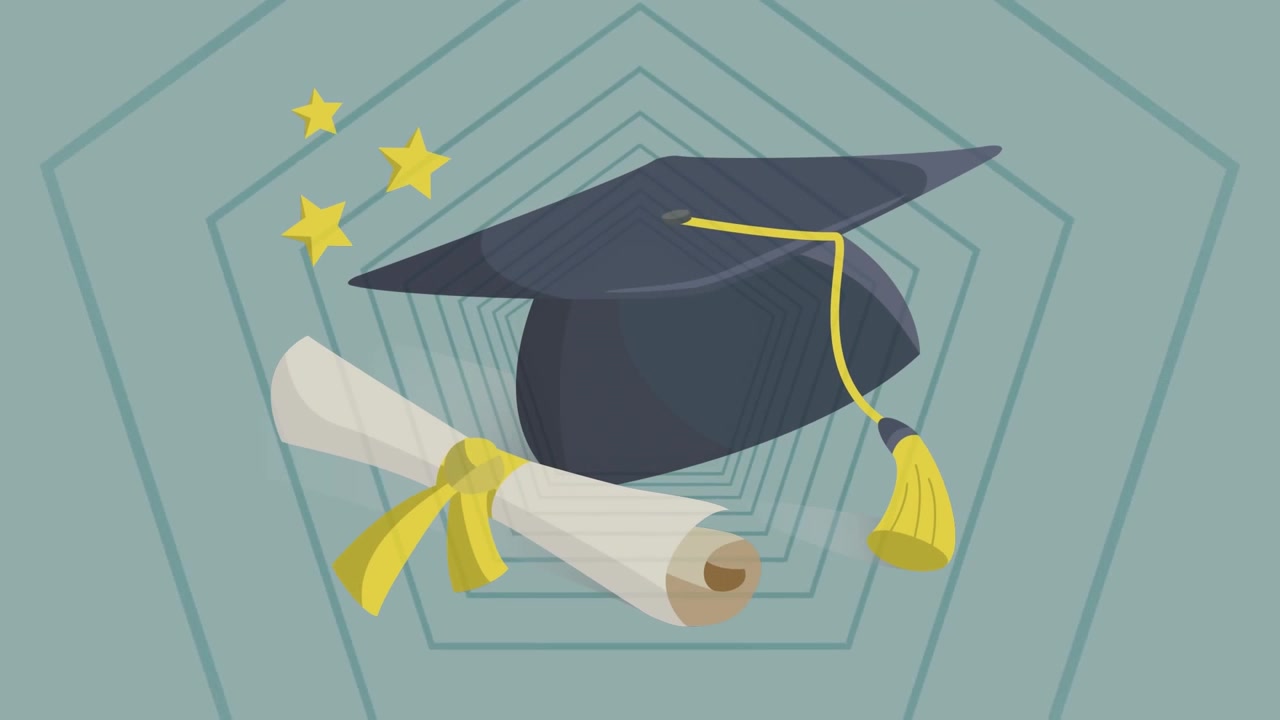 Hexagonal shapes and boy with graduation hat in a digital business concept image.