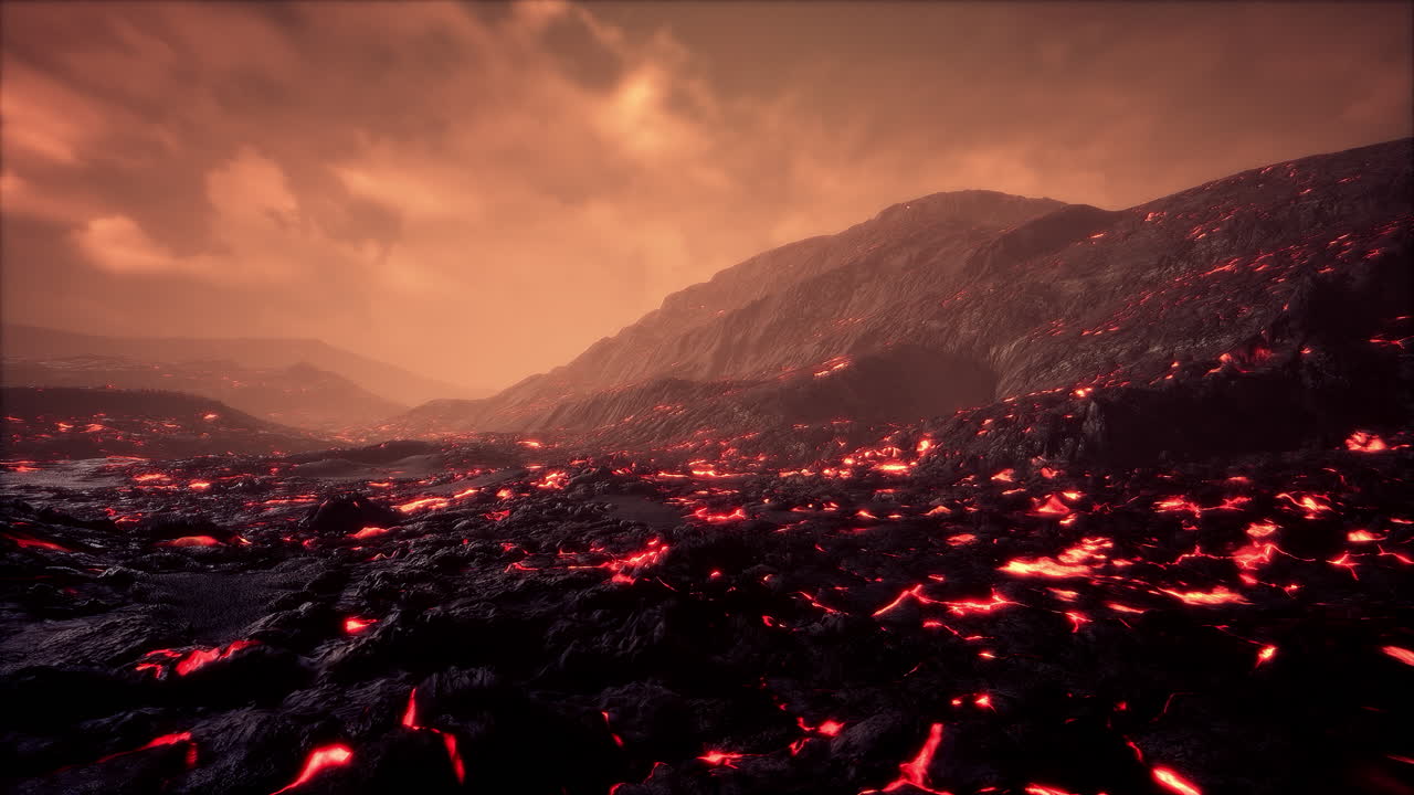 Premium stock video - Lava field under sunset clouds on background