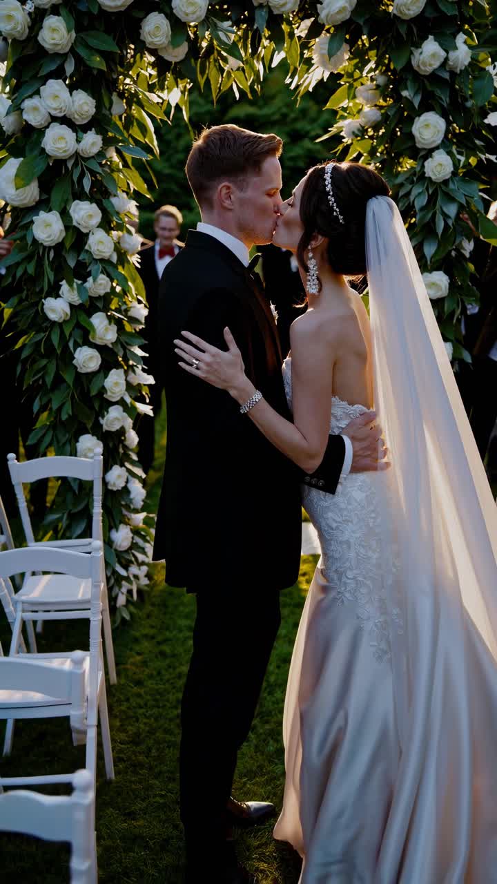Una scena di matrimonio romantica ripresa al tramonto con un'inquadratura dal basso, con una coppia sotto una composizione floreale