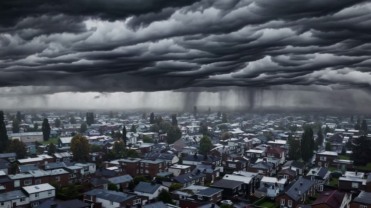 어두운 폭풍우 구름이 교외 지역을 위협하며 강우를 유발하고 극적인, 우울한 대기와 함께 임박한 기상 위험의 가시적인 감각을 생성합니다.