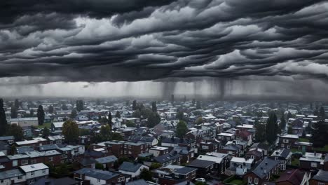 nubes de tormenta oscuras que se asomenan amenazadoramente sobre el vecindario suburbano, desatando fuertes lluvias y generando una sensación palpable de inminente peligro meteorológico con una atmósfera dramática y sombría