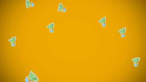 Animation-of-green-potted-cacti-with-faces-falling-on-yellow-background