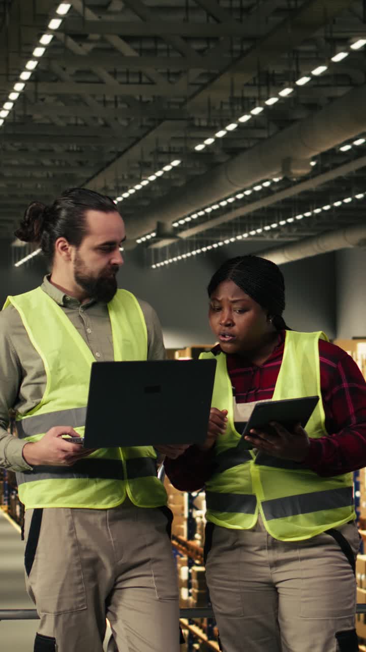 Vertical Video Warehouse teamwork showing two coworkers managing shipping operations