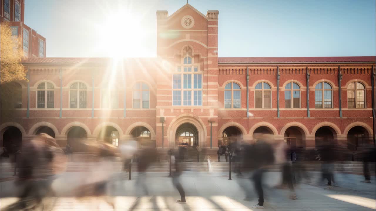 Time-lapse of people walking past an academic building at college campus, from daytime to nighttime