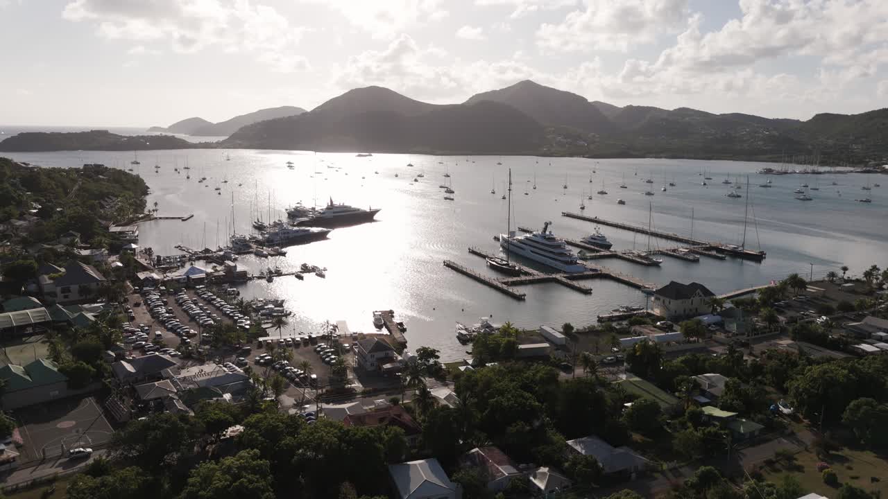 English Harbour Antigua seen from above with boats and yachts on a bright sunny day with calm waters