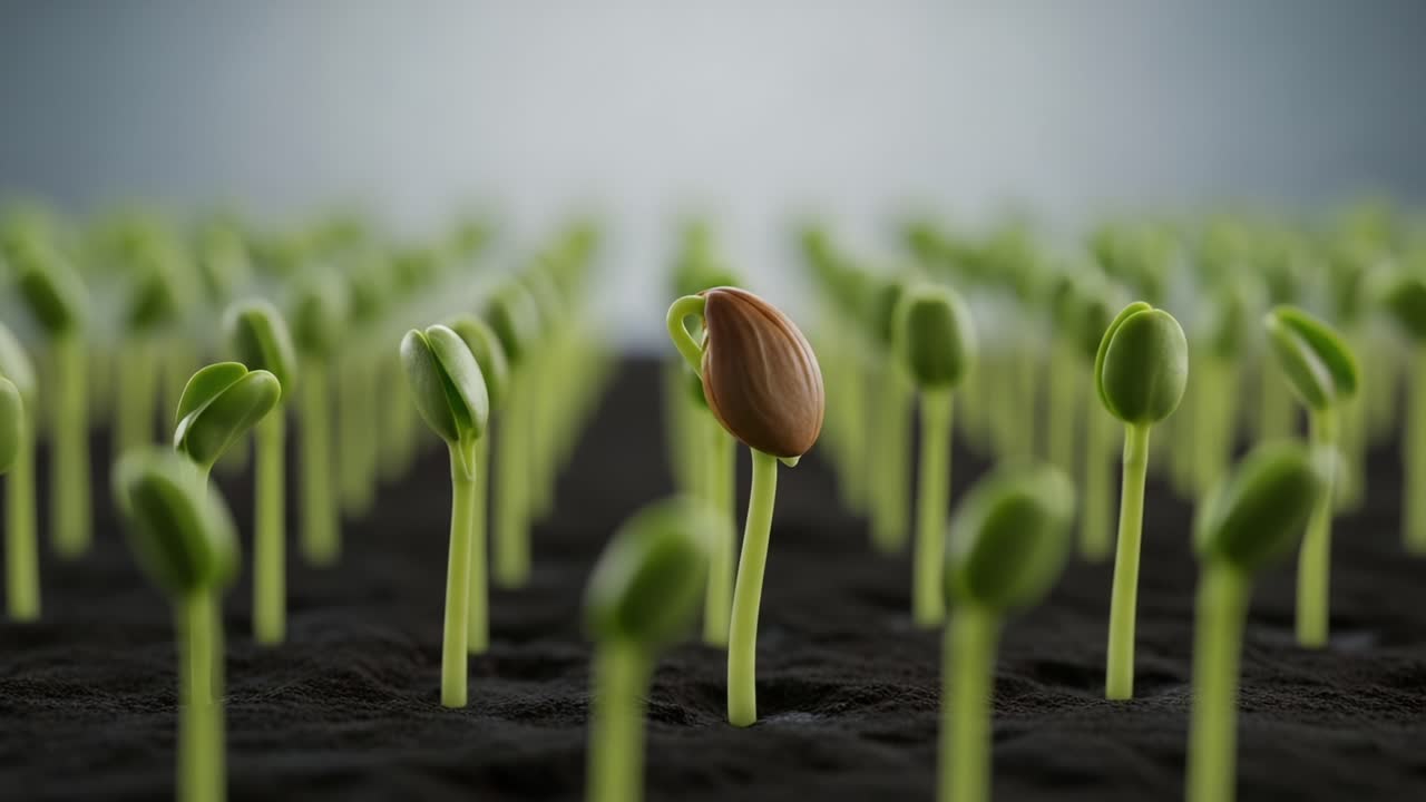 A Lush Field of Sprouting Seedlings Showcases the Journey of Growth, With One Seed Barely Breaking Through the Soil Among Vibrant Green Stems