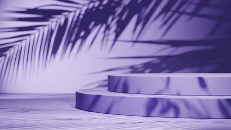 minimal round podium with tropical palm leaf shadows on purple background. natural sunlight overlay in studio setting. botanical and product display mockup. design for banner, postcard.