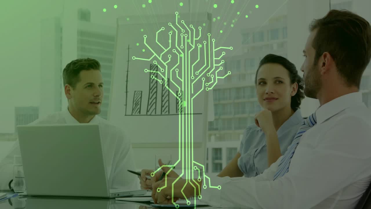 Team aziendale che usa un laptop per avviare una presentazione con un albero di circuiti animato che si innalza sopra un grafico