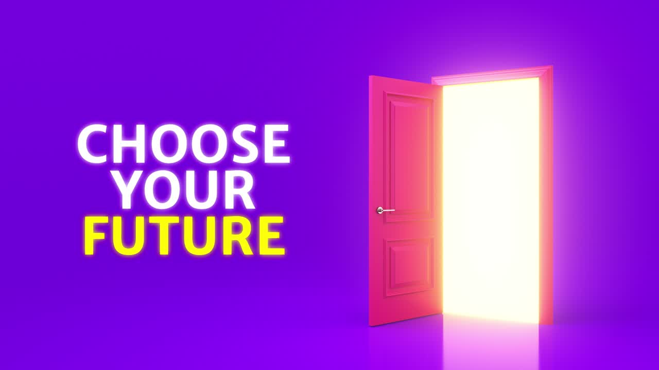 elige tu futuro. luz amarilla dentro de una puerta rosa abierta aislada sobre un fondo púrpura. la luz del sol brilla desde la apertura de la puerta en una habitación oscura. metáfora de posibilidades. animación 3d, 4k
