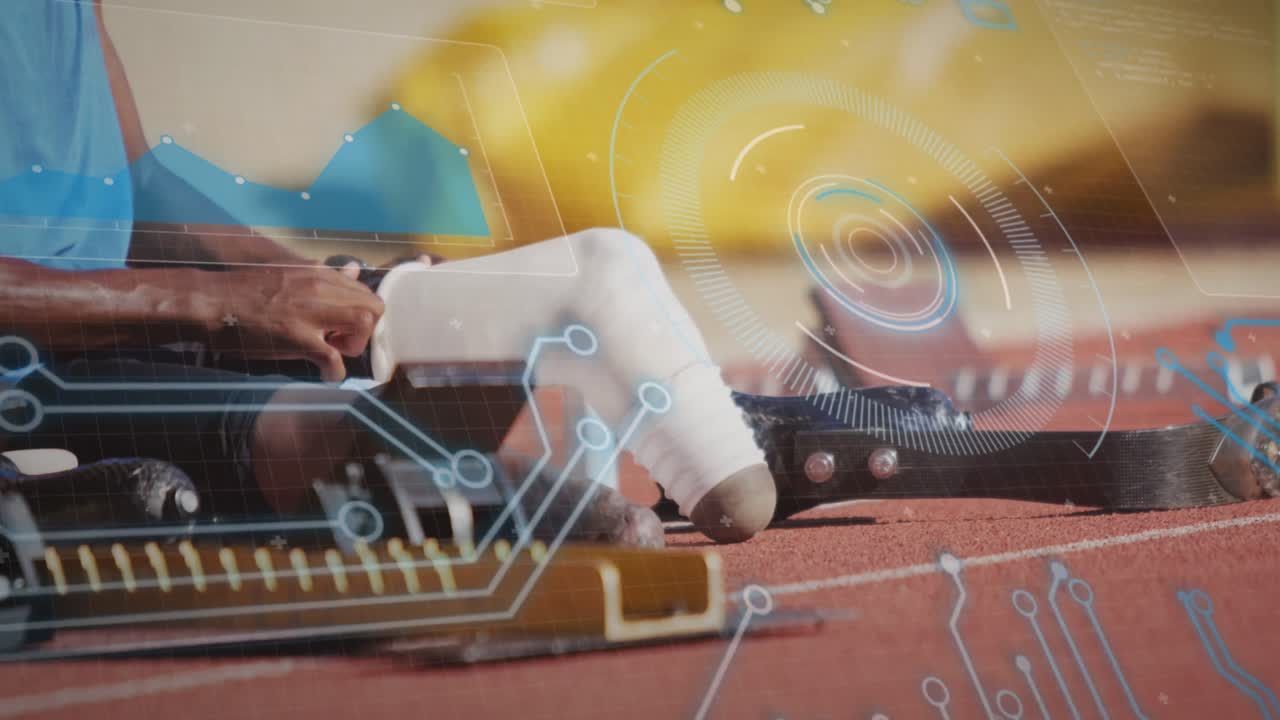 Animation of digital data processing over disabled male athlete putting running blades on