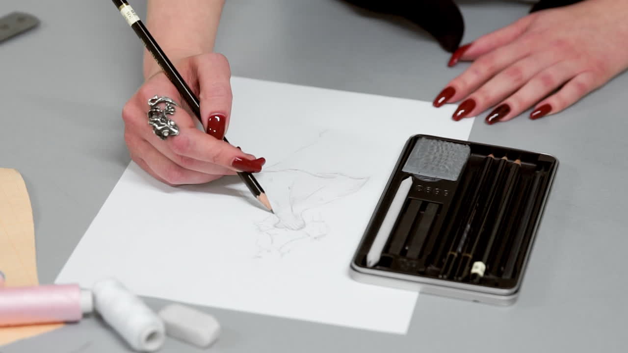 Designer drawing sketches for clothes. Hipster designer working from home, sketching a fashion project. Female artist's hand sketching with a pencil on a light day. Closeup.