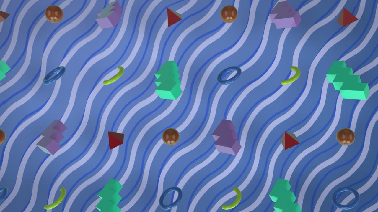 animación de formas geométricas 3d sobre el patrón de onda contra un fondo azul