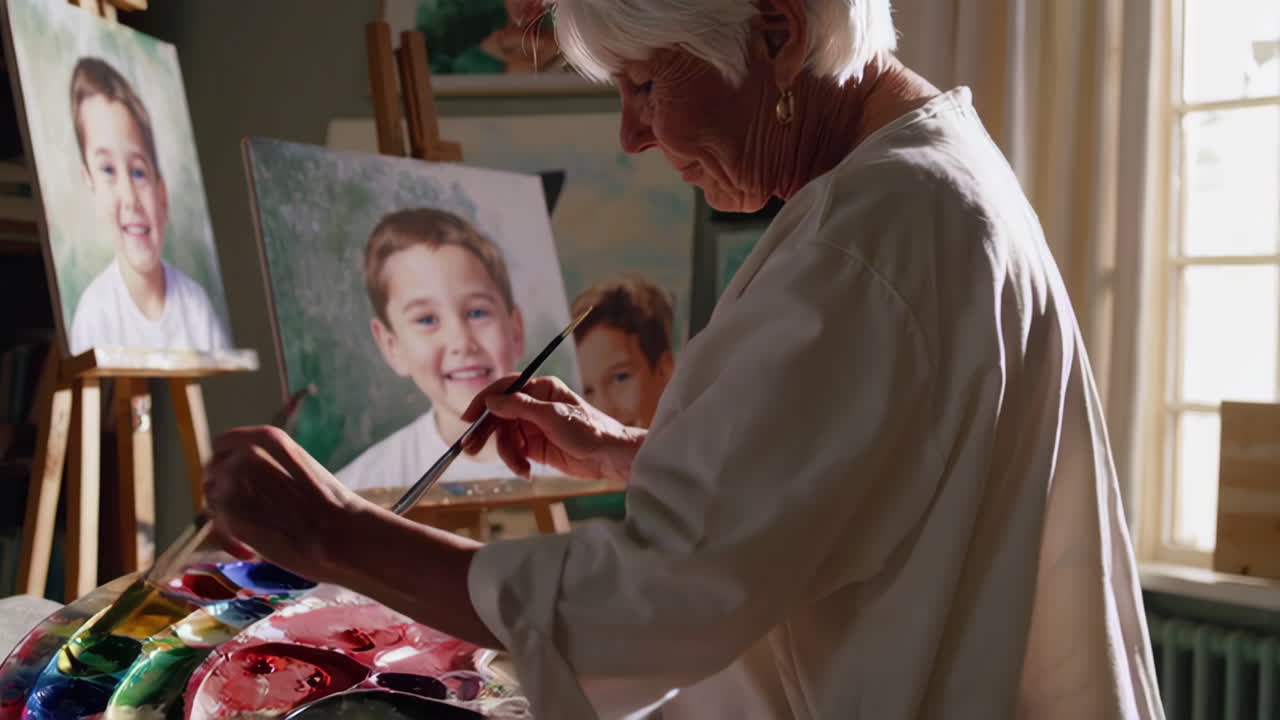 Eldre kunstner maler barneportretter