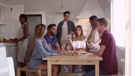 young adult friends talking in kitchen make a toast, shot on r3d