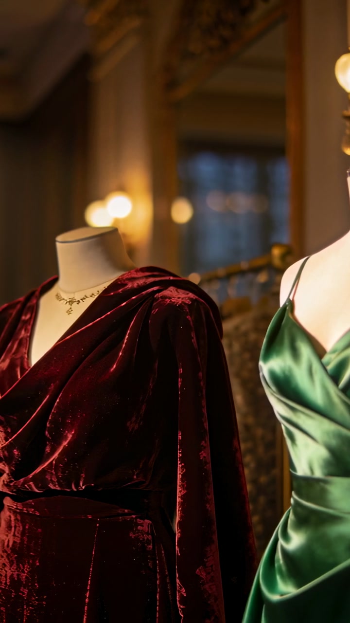 Vertical video: Camera panning revealing two displays in burgundy and emerald dresses for retail