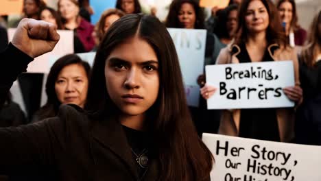 una mujer joven liderando una protesta.