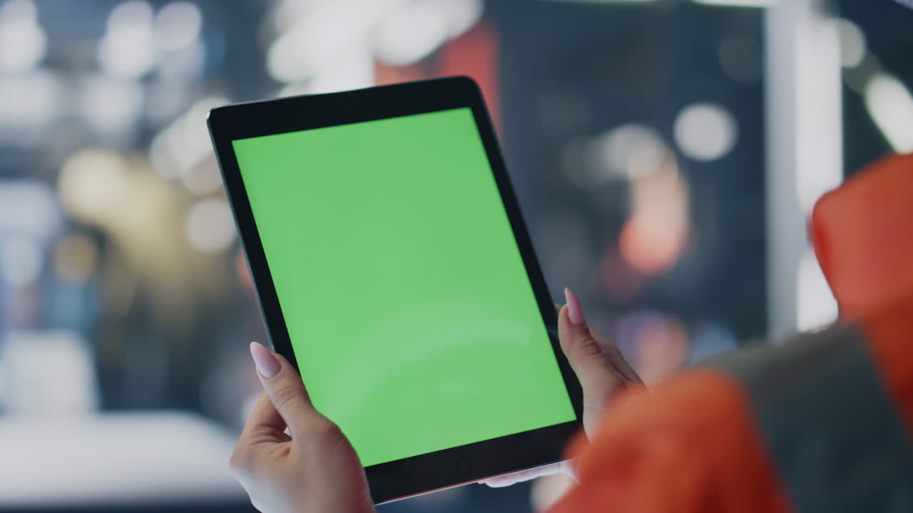 프로덕션 클로즈업에서 크로마 키 태블릿을 들고 있는 여성. 여성 기술자