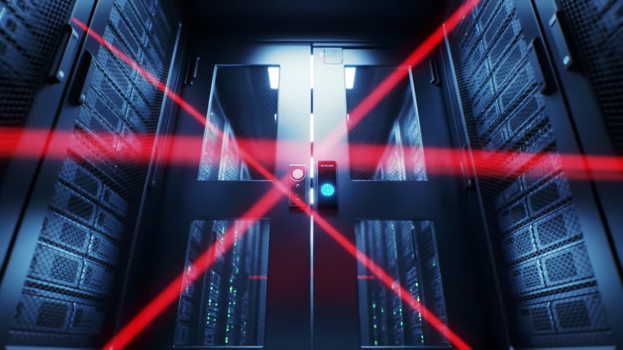 Advanced security features are showcased in a data center with laser beams and biometric scanners protecting sensitive areas.