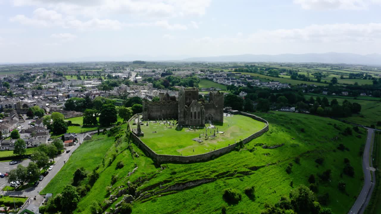 Orbiting drone shot around Ireland's Rock of Cashel.