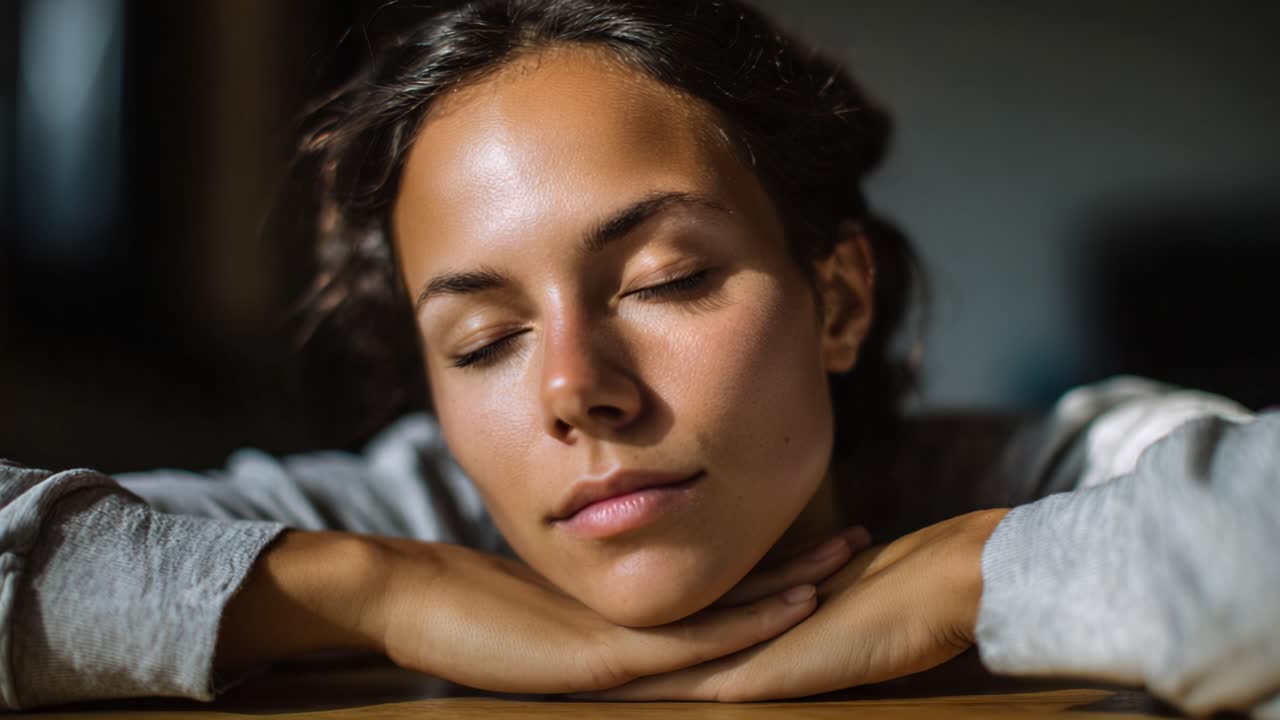 A Serene Moment: A Close-Up of a Young Woman with Her Eyes Closed, Resting Her Head on Her Hands, Exuding Calmness and Tranquility in Soft Light