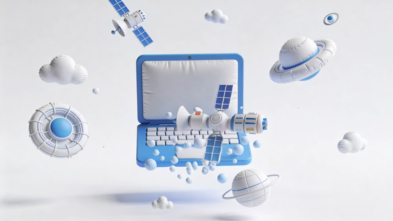Laptop blu che si inclina, con piccoli oggetti che si spostano sulla tastiera e sfere che scorrono attorno al laptop per una demo tecnologica.