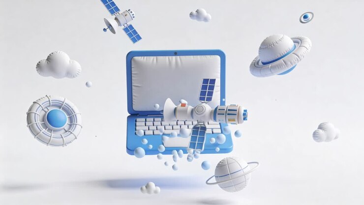 Blue laptop tilting causing sats drifting over keyboard spheres flowing around laptop for tech demo