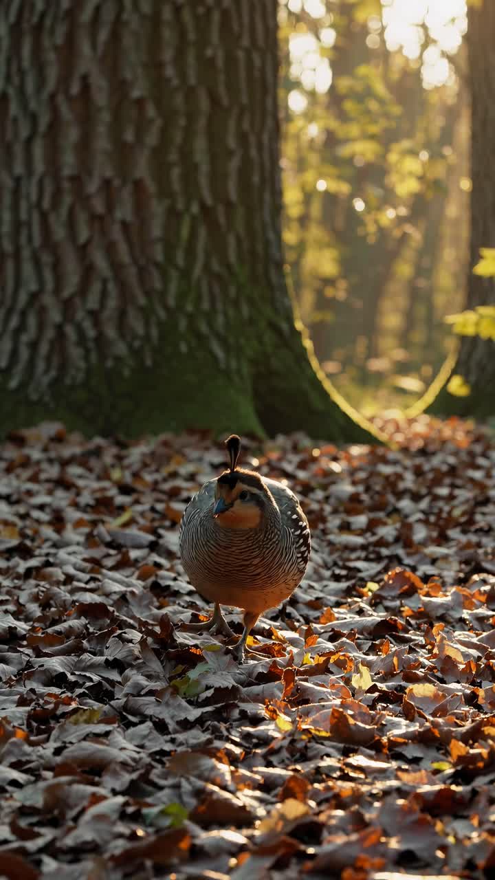 A low-angle video shot of a quail walking through autumn leaves in a sunlit forest