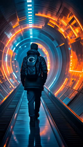 walking through a futuristic tunnel with glowing lights and patterns