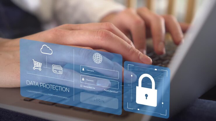 Closeup scene of woman typing in the office and doing online payment with digital wallet and secure login, safety Data protection, VPN, Internet cyber security, Cyber crime protection