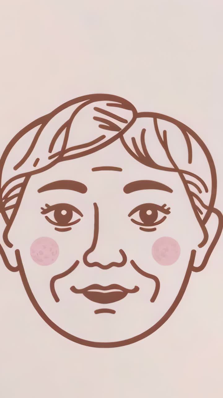 Video verticale: rendering di un volto femminile anziano che sorride e ammicca su sfondo beige