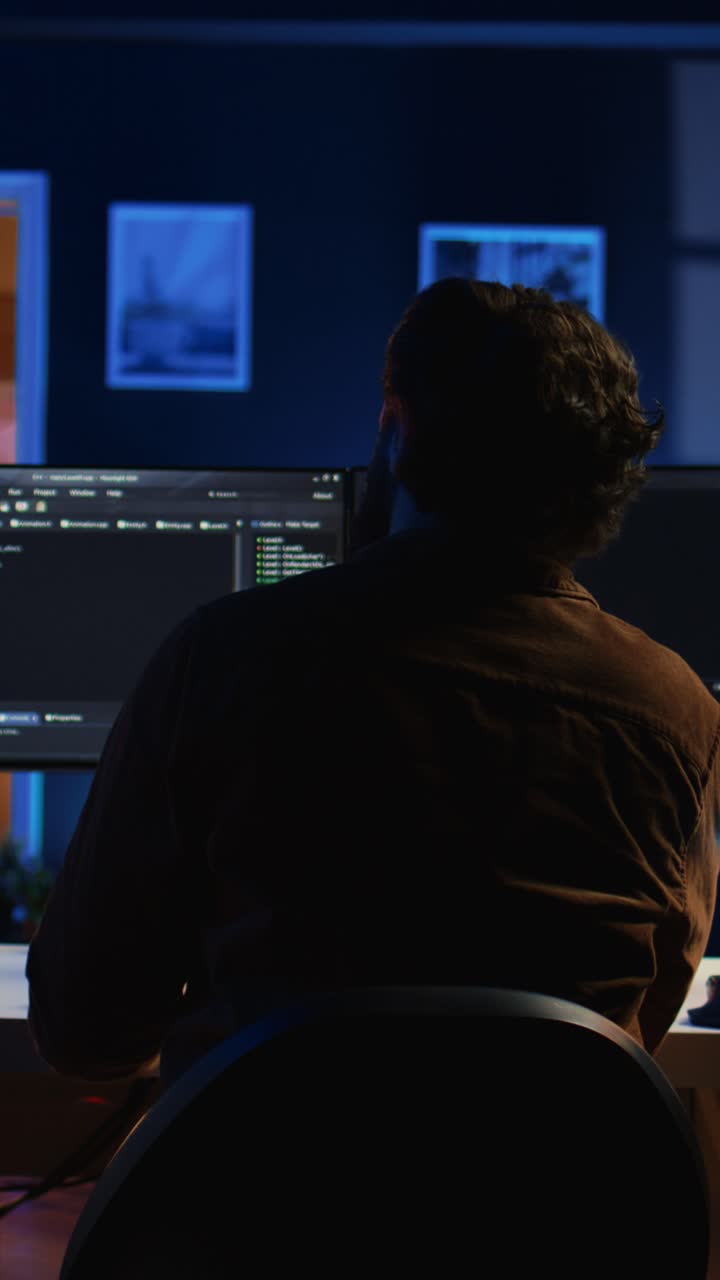 Uomo che programma davanti a schermi di computer in un ufficio buio di notte