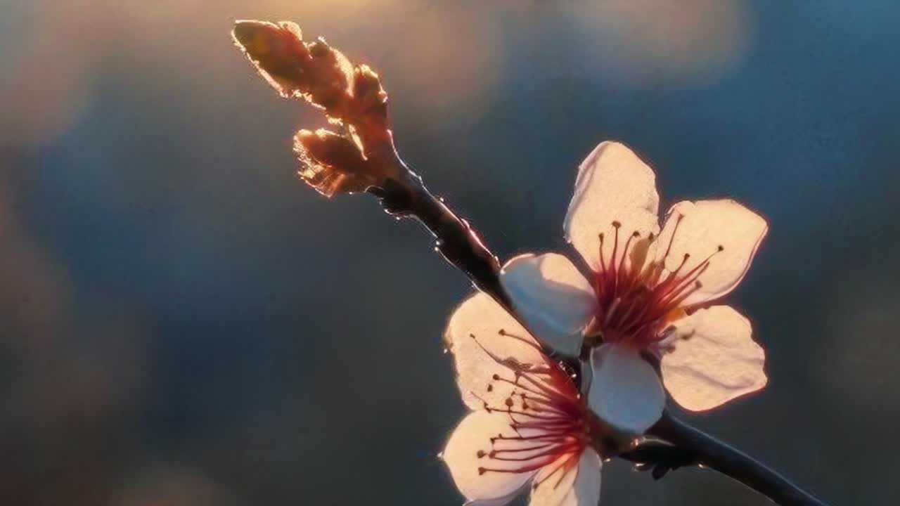 日の出時に撮影された、ソフトフォーカスの背景をバックにした繊細な桜のクローズアップ動画