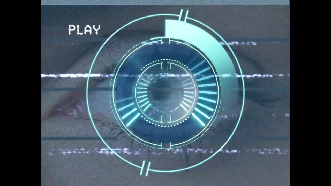 Animazione di un effetto glitch VHS su uno scanner neon rotondo, contro un primo piano di un occhio femminile