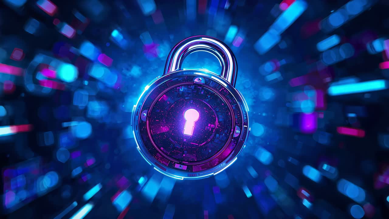 Ejecting padlock neon keyhole in void, launching digital shapes streaming outward, securing system