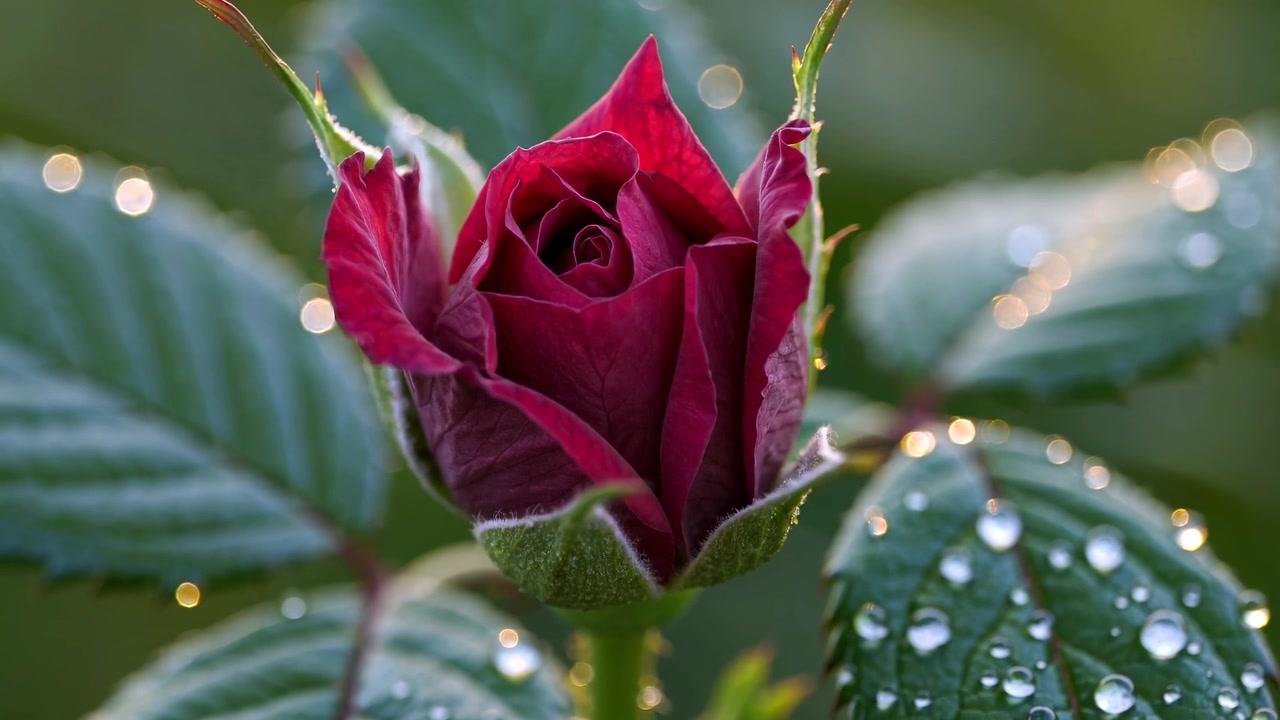 Lapso de tiempo de un capullo de rosa roja floreciendo con gotas de rocío