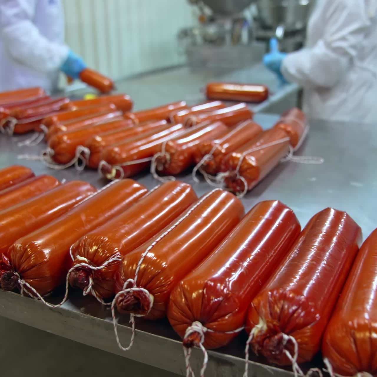 Pains de fromage frais à pâte molle sur la table métallique. Deux ouvriers terminent l'emballage du produit laitier. Gros plan sur du fromage prêt à l'emploi dans un emballage orange.