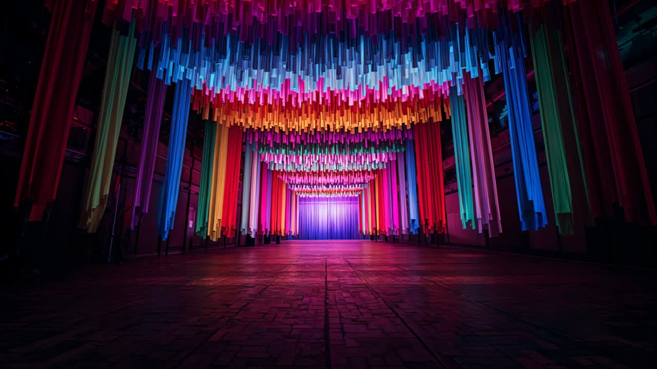 Pulsing lights, suspended ribbons shifting colors at exhibition hall for visitors standing watching