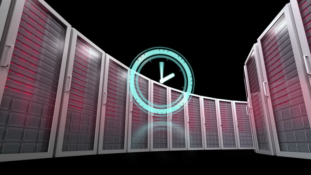 animación del reloj moviéndose rápidamente sobre los servidores de la computadora