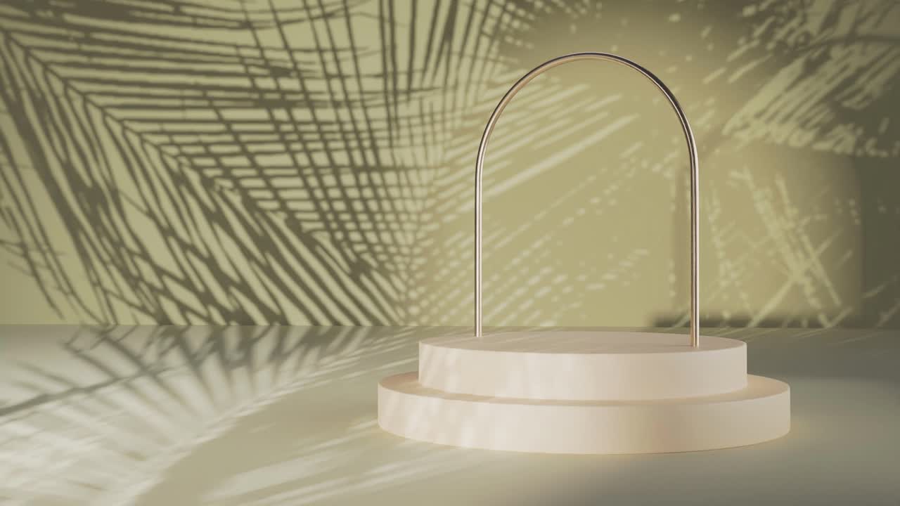 pantalla mínima de podio blanco con pared amarilla y fondo de sombra de palmeras para el diseño de productos, renderización 3d, bucle de animación de ilustración 3d