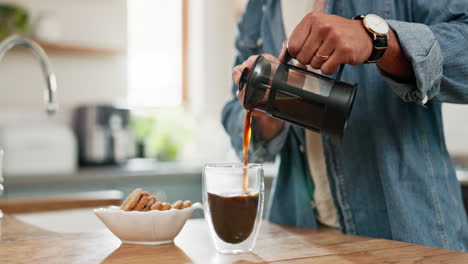 Hands,-pouring-coffee-and-breakfast-in-home