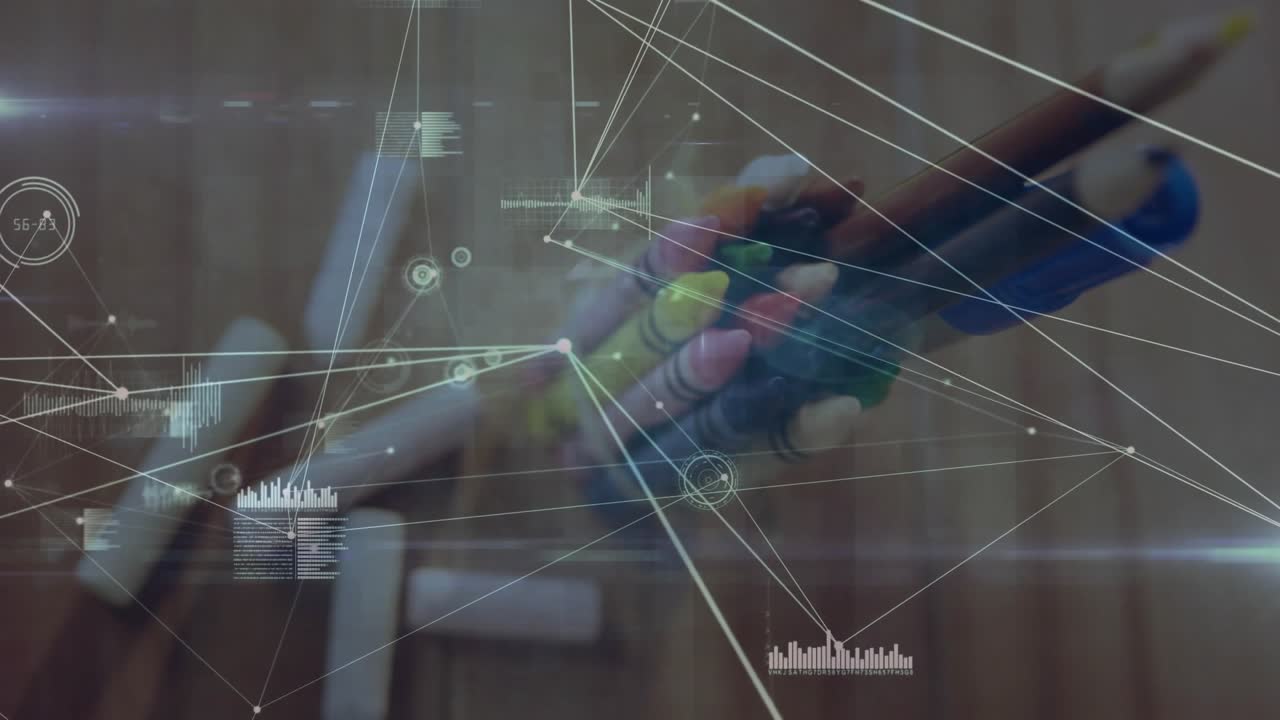 Hand entering gripping, aligning markers and arranging chalks while network expanding to show link