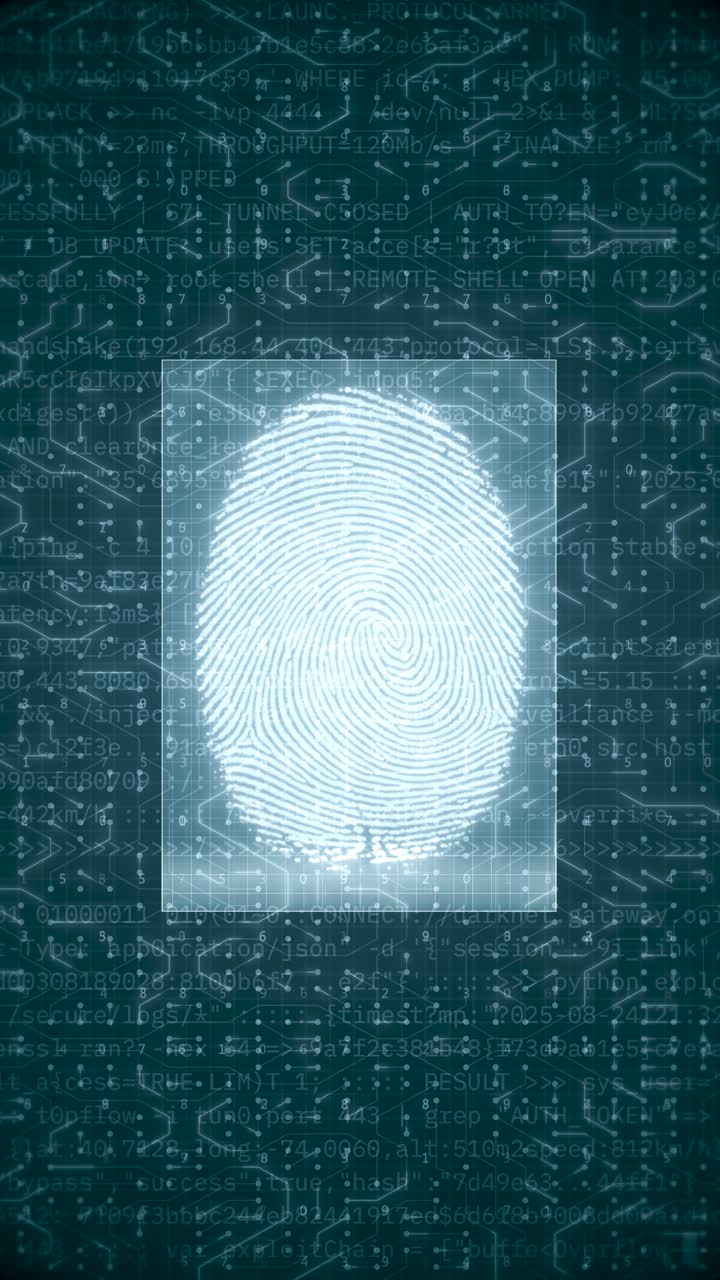 Digital Fingerprint Biometric Scanning Interface on Blue Cybersecurity Technology Background