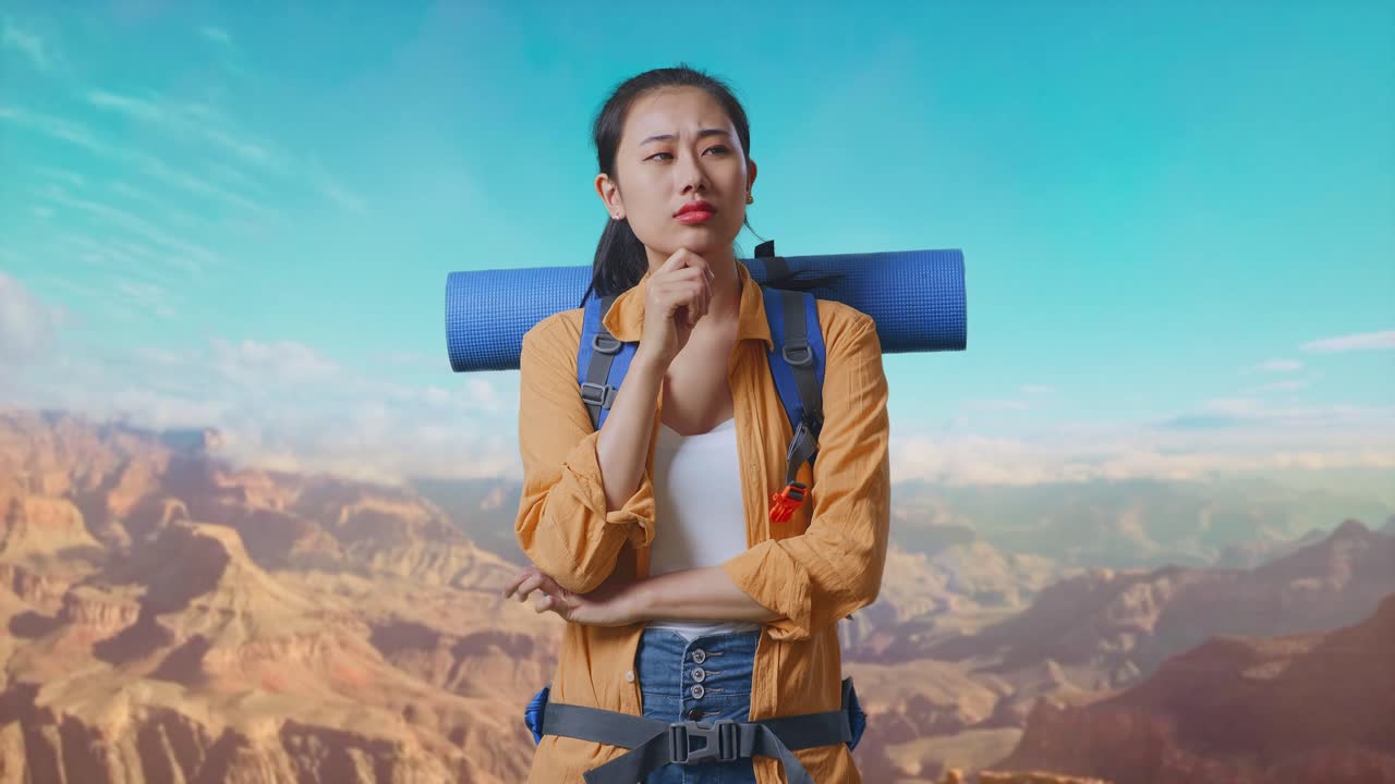Asian Female Hiker With Mountaineering Backpack Thinking About Something And Looking Around Then Raising Her Index Finger While Traveling At The Top Of Mountain