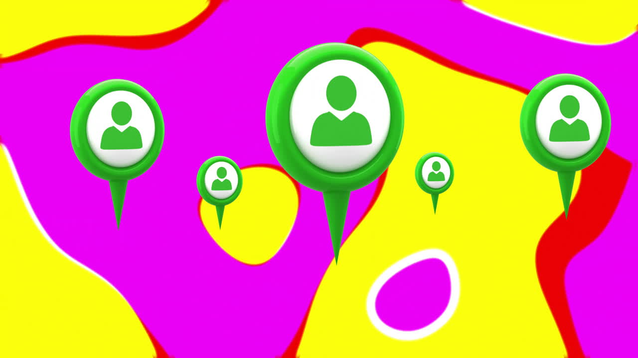 Floating green location icons over vibrant pink and yellow animation background