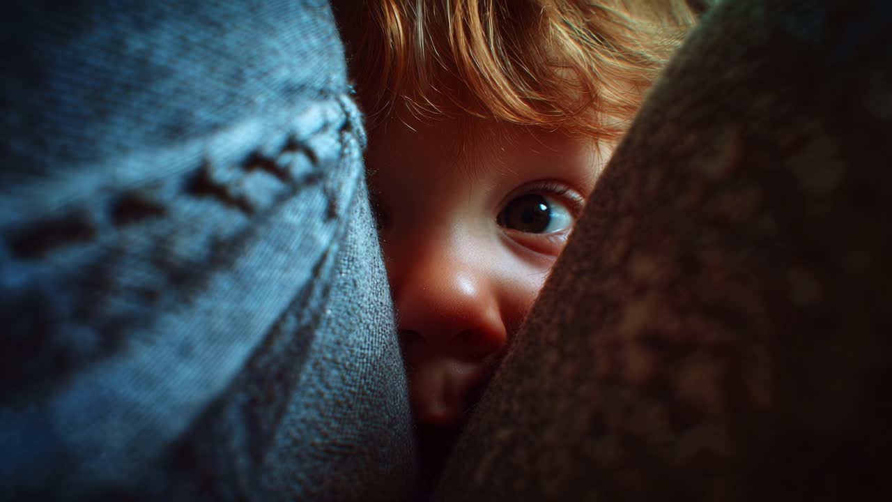 Un enfant curieux regarde à travers un espace entre deux personnes, capturant un moment d’innocence et d’émerveillement dans une atmosphère chaleureuse, entouré de couleurs et de textures douces.