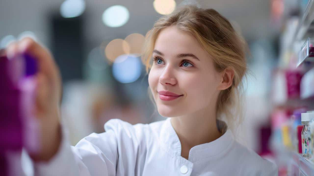 A young female professional in a lab coat carefully examines colorful product packages while standing in a well-lit environment, showcasing a commitment to her work