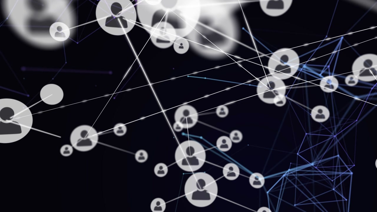 Collective of white circular user icons forming network, pulsing and linking in navy digital space